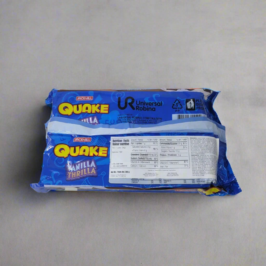 Package of Quake Vanilla Thrilla snack bars on a white background